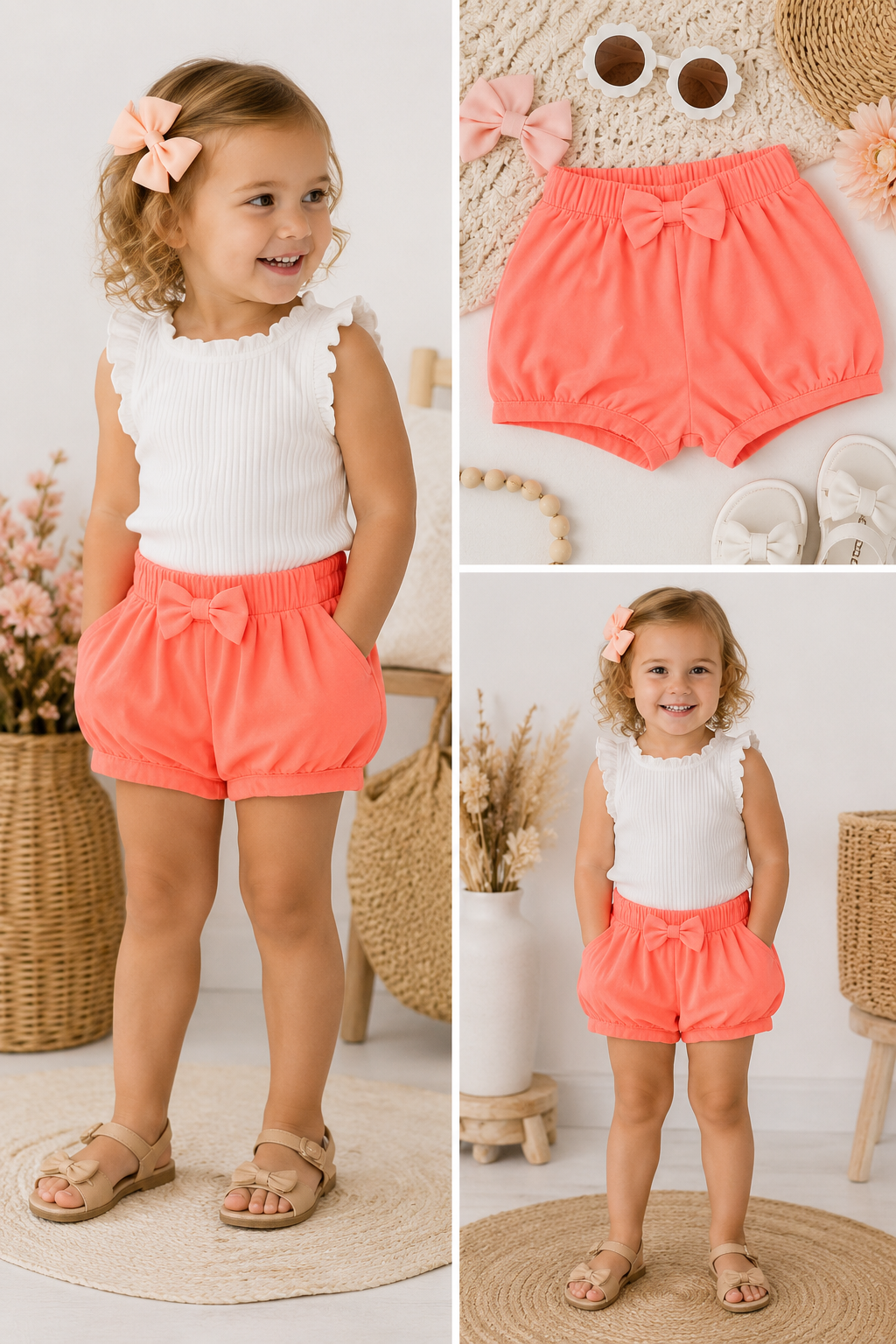 Neon Coral Bow Bubble Shorts for Toddler Girls