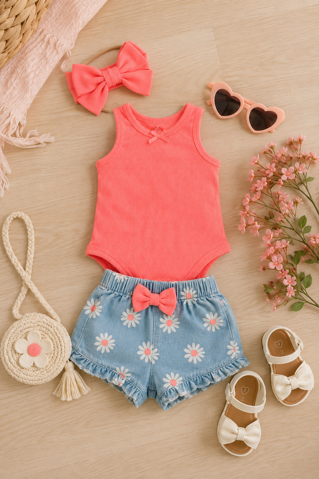 Neon Coral Ribbed Tan onesie for Baby Girls