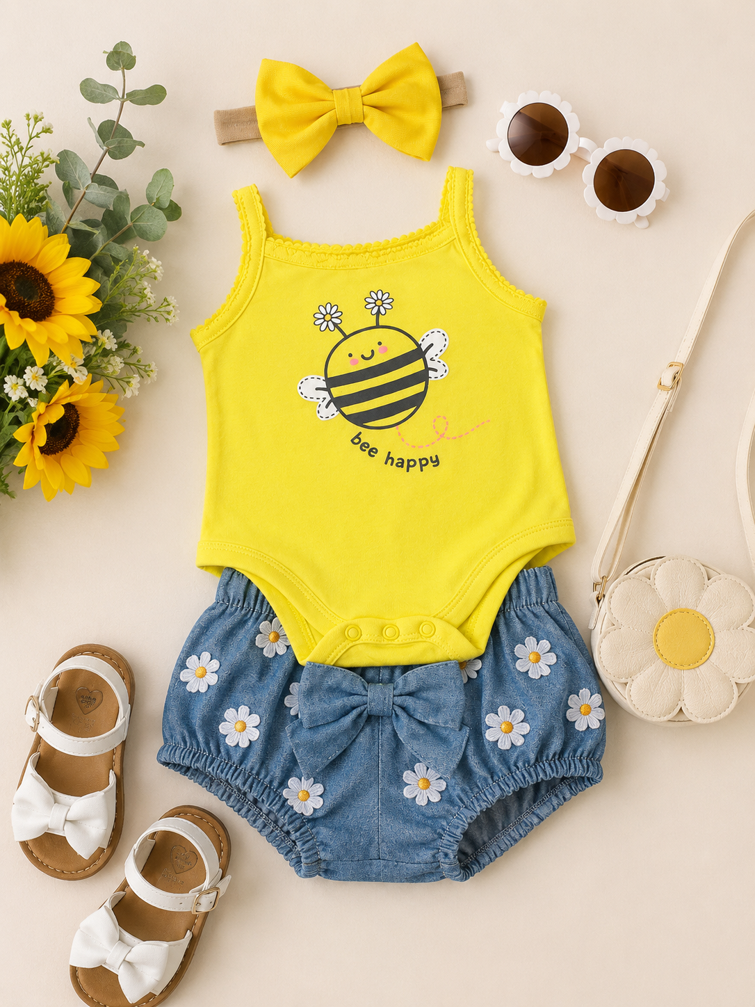 Bee Happy Yellow Sunshine Onesie For Baby Girls