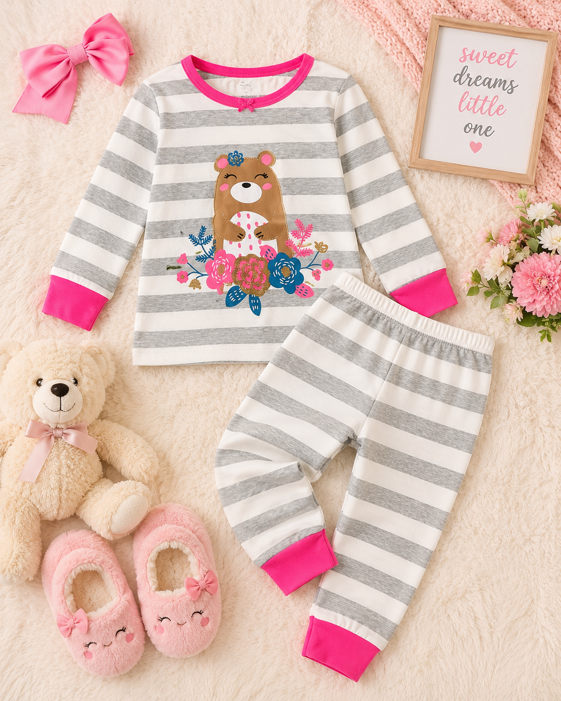Cozy Bear Stripe Pajama Set for Toddler Girls