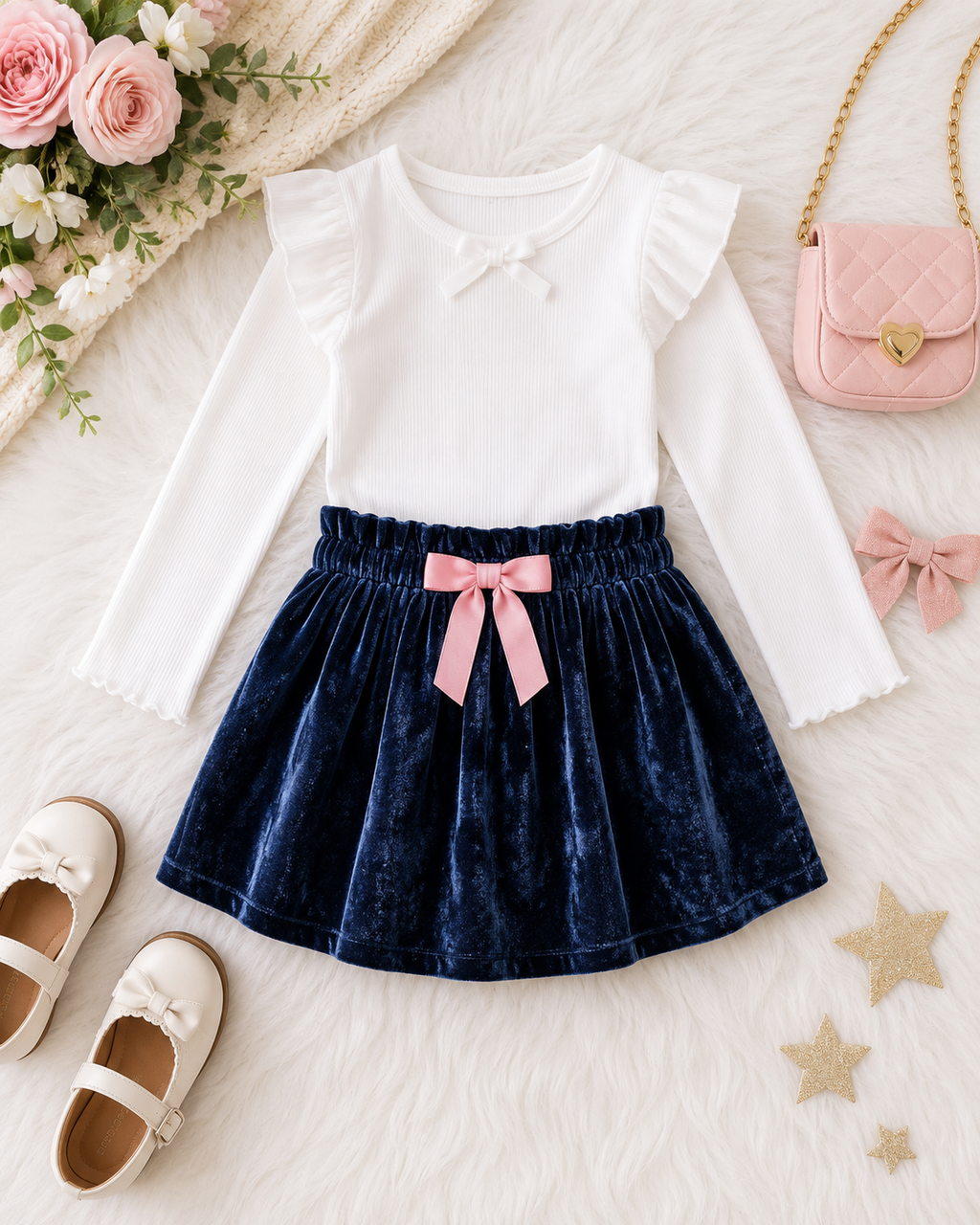 Girls Navy Velvet Skirt with Pink Bow