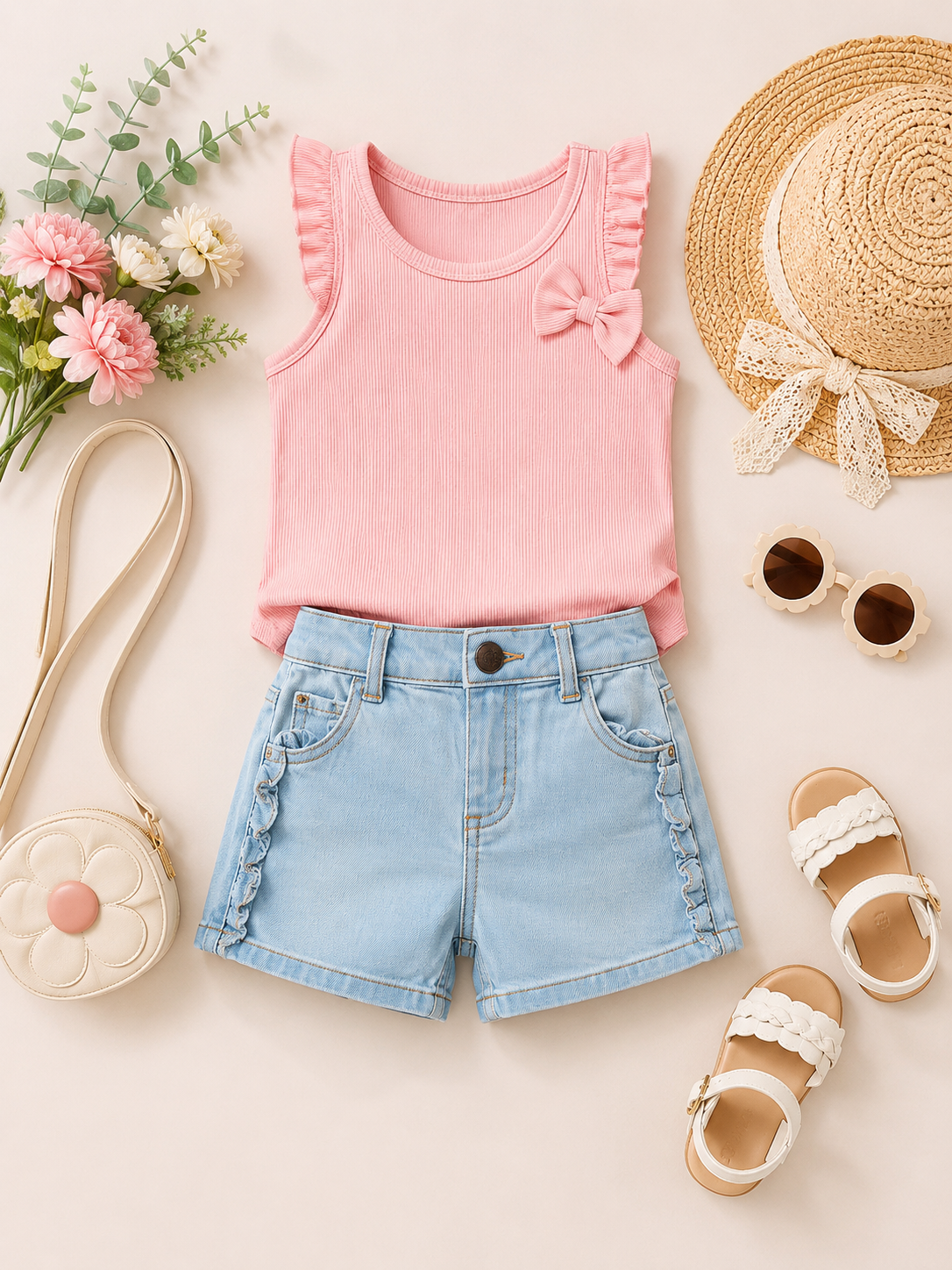 Light Wash Denim Ruffle Pocket Shorts for Toddler Girls