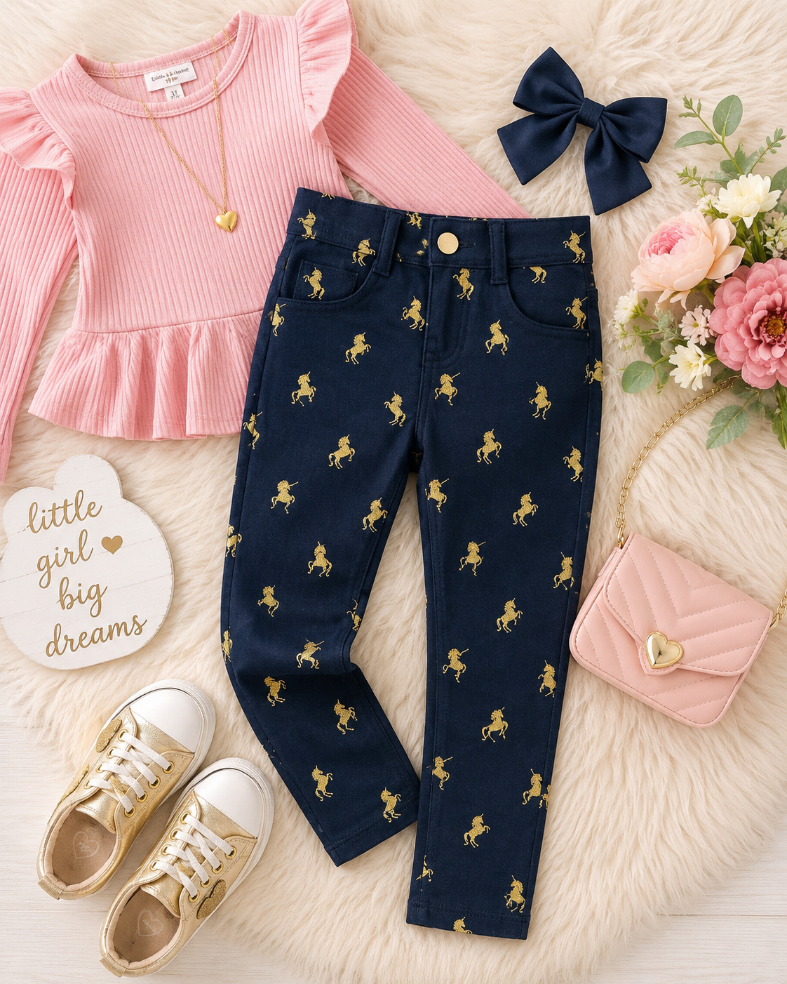 Navy Unicorn Print Jeggings for Toddler Girls