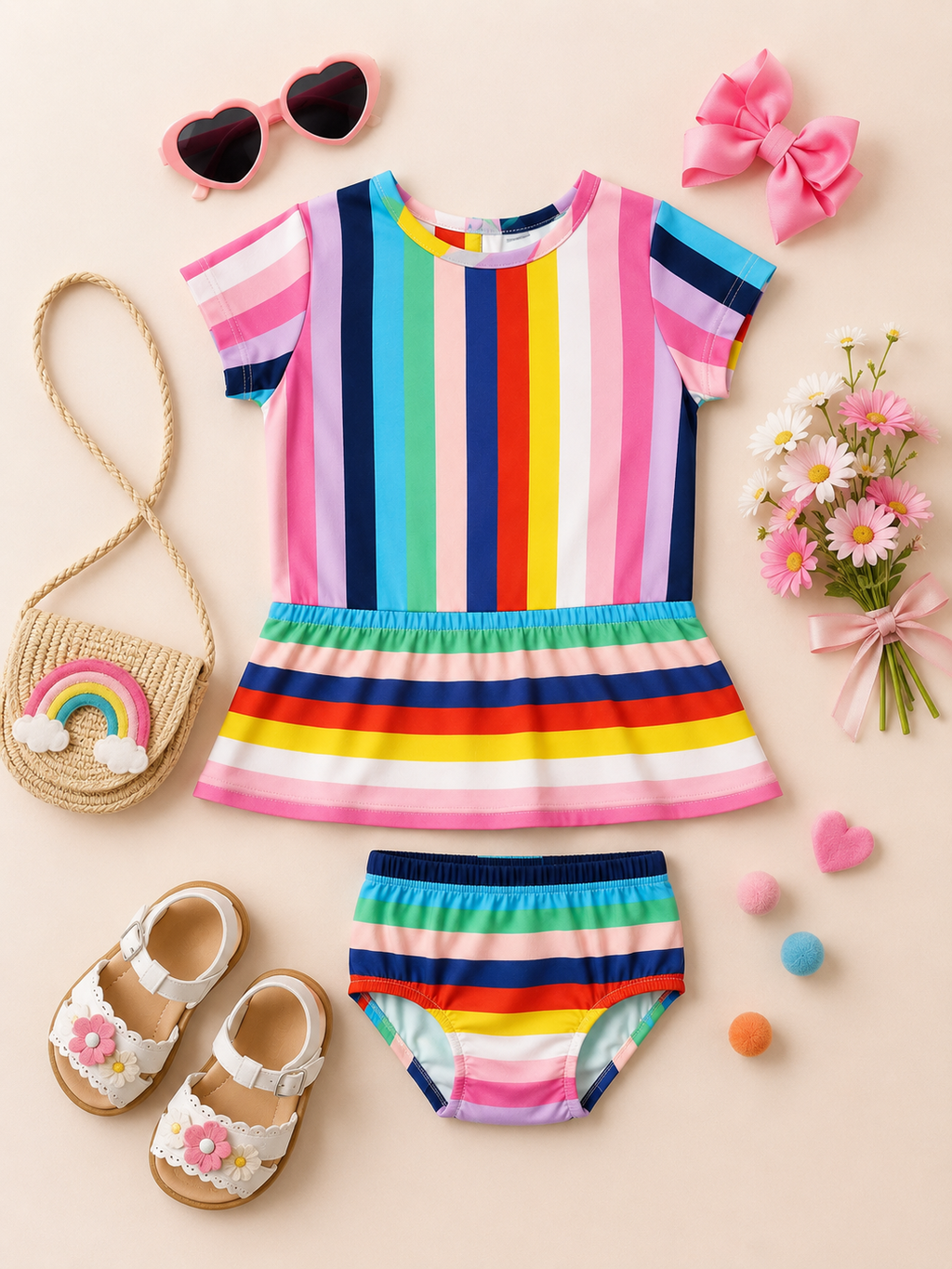 Rainbow Whimsy Twirl Dress & Bloomers Set