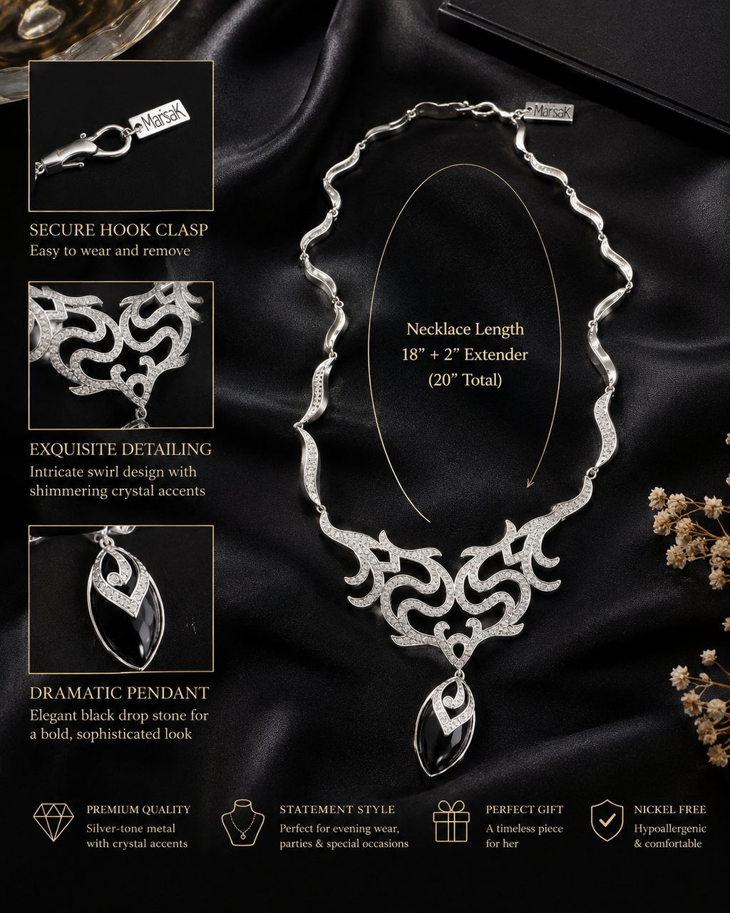 Midnight Elegance Silver Statement Necklace