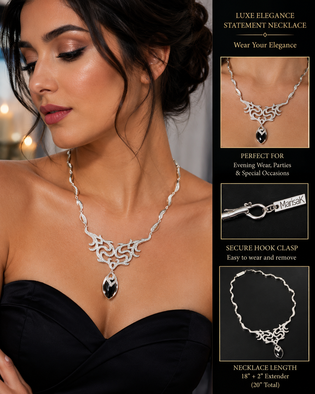Midnight Elegance Silver Statement Necklace