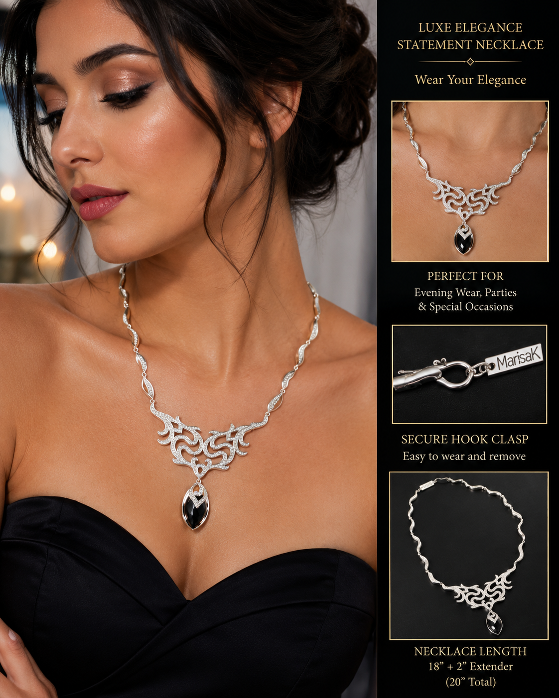 Midnight Elegance Silver Statement Necklace