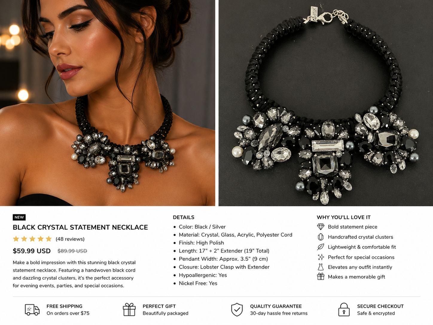 Midnight Glam Crystal Statement Necklace