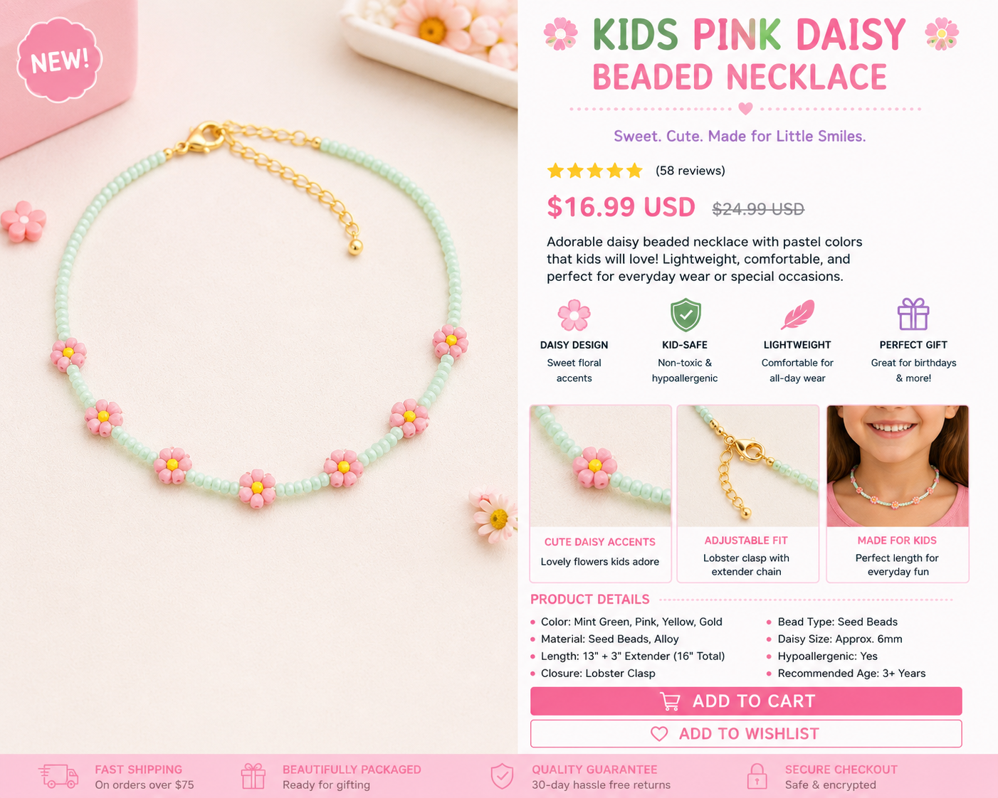 Kids Pink Daisy Beaded Necklace