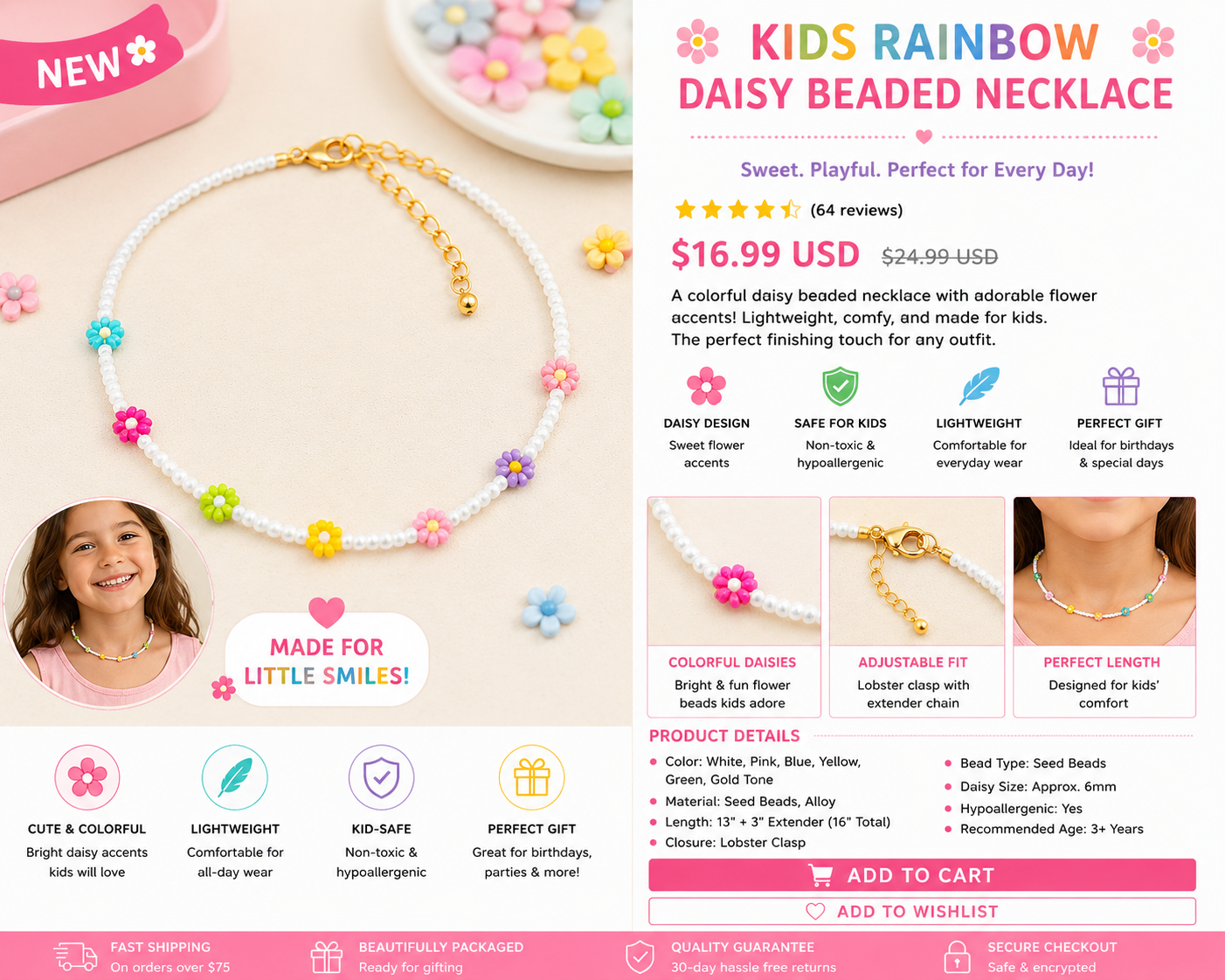 Kids Rainbow Daisy Beaded Necklace