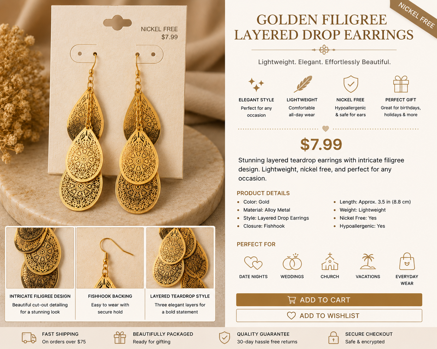 Golden Filigree Layered Drop Earrings