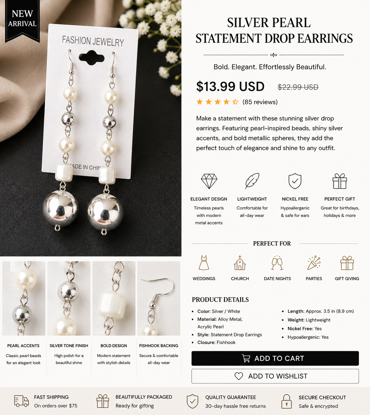 Silver Pearl Statement Drop Earrings