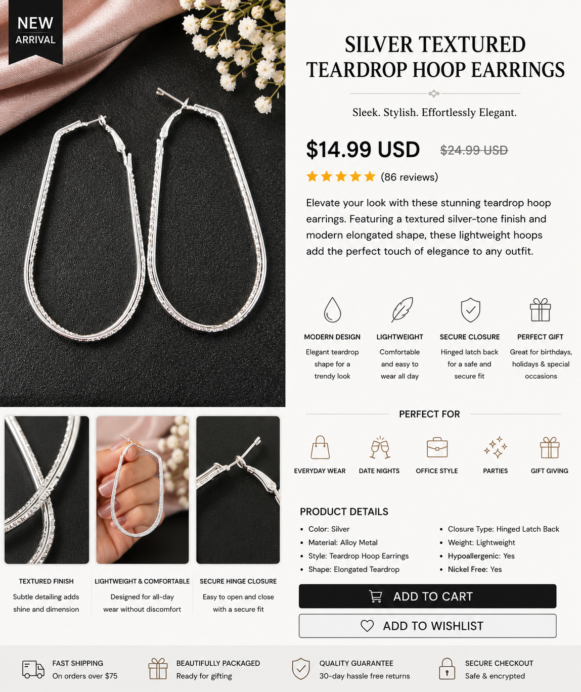 Silver Textured Teardrop Hoop Earrings