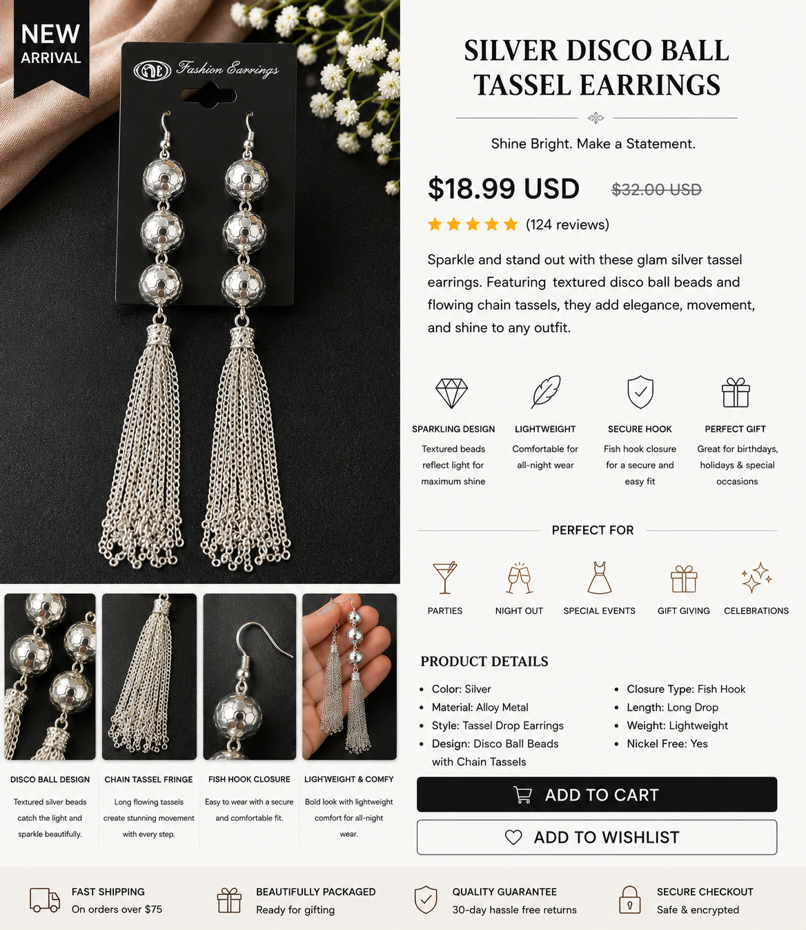 Silver Disco Ball Tassel Earrings
