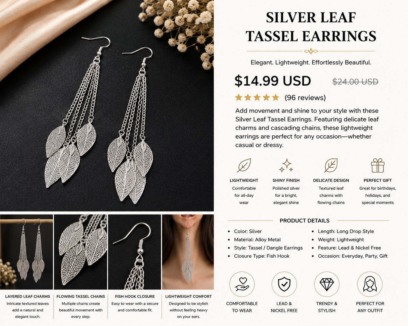 Silver Leaf Tassel Earrings
