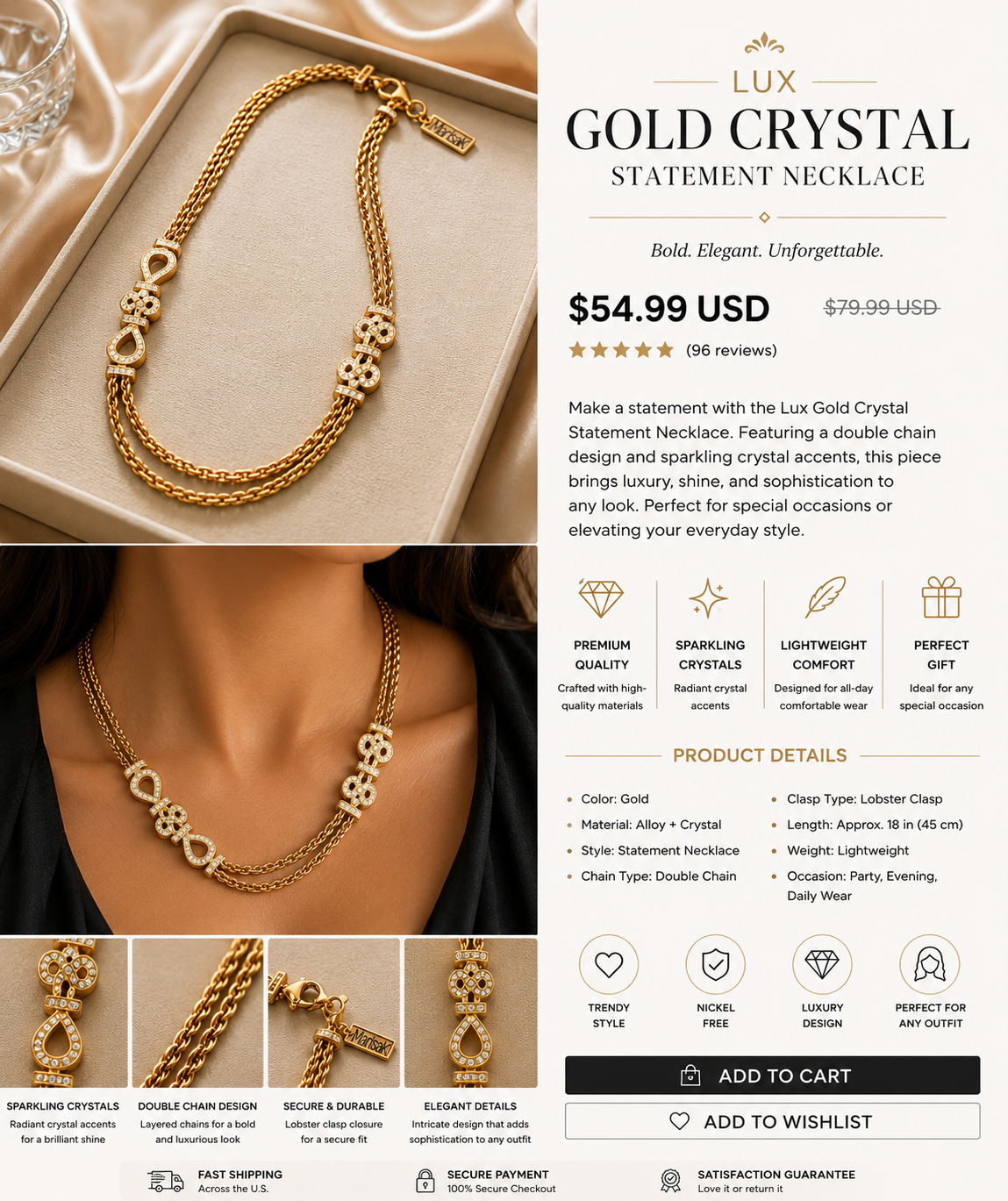 Luxury Gold Crystal Statement Necklace