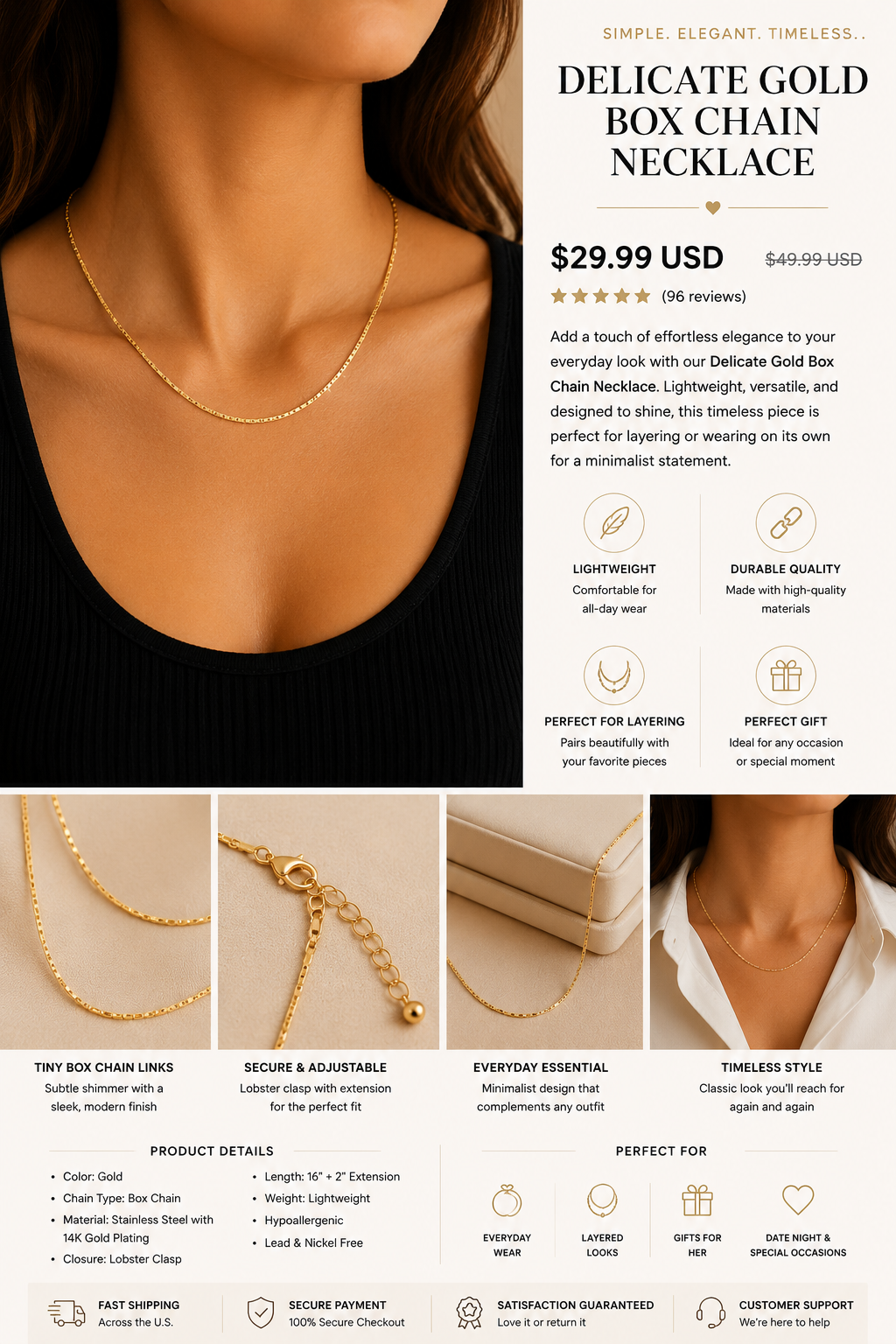 Delicate Gold Box Chain Necklace