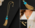 Kendra Scott Inspired Turquoise Tassel Necklace – Gold Tone Statement Necklace