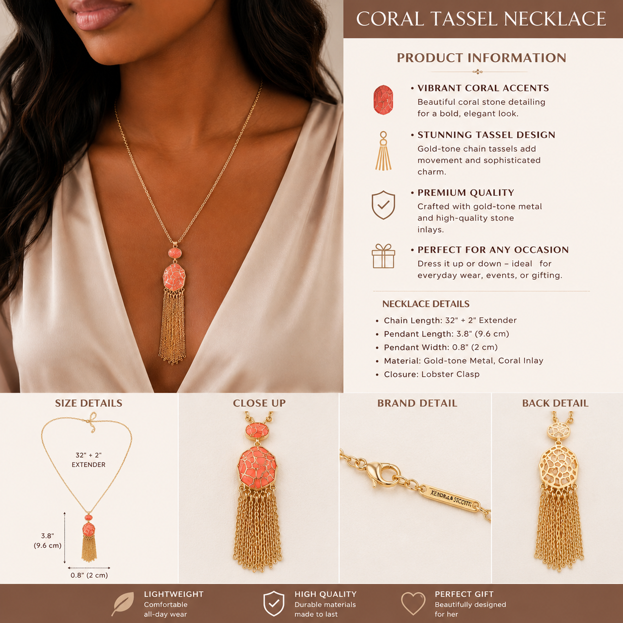 Coral Tassel Statement Necklace – Gold Tone Boho Pendant Necklace