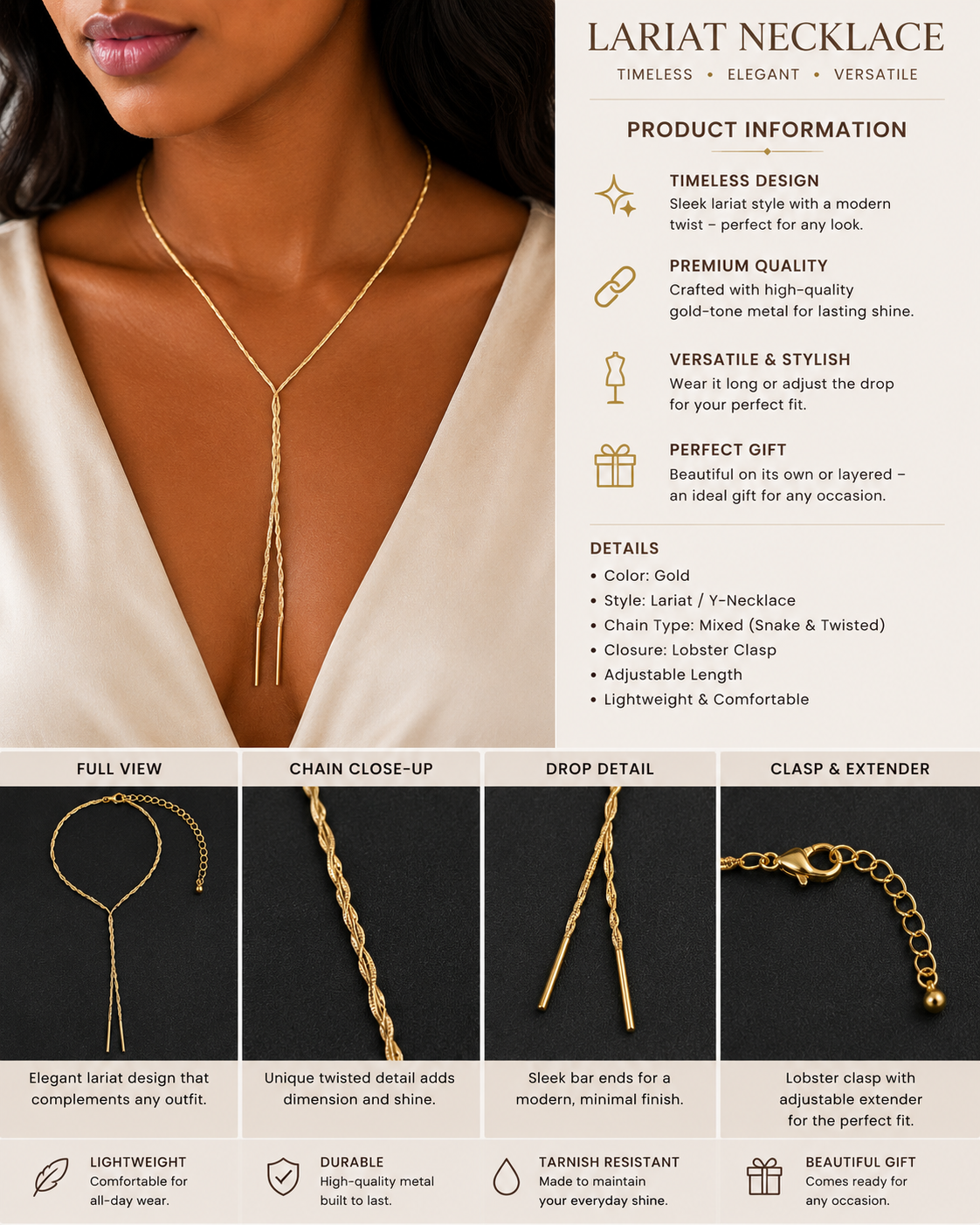 Golden Twist Lariat Necklace