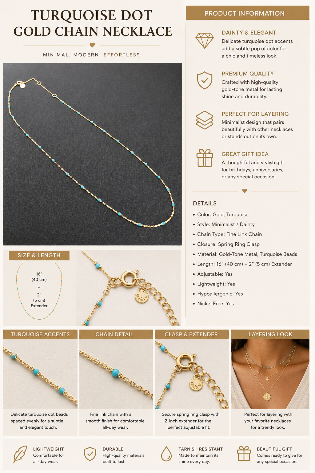 Turquoise Dot Gold Chain Necklace