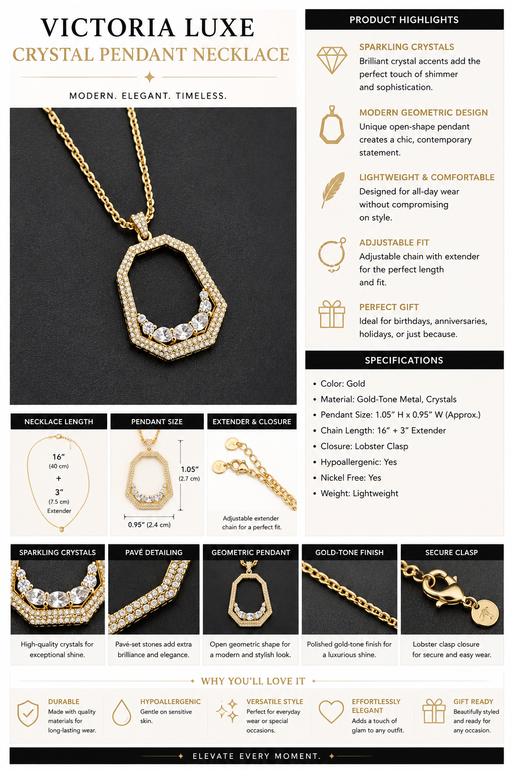 Victoria Luxe Crystal Geometric Pendant Necklace – Gold Tone