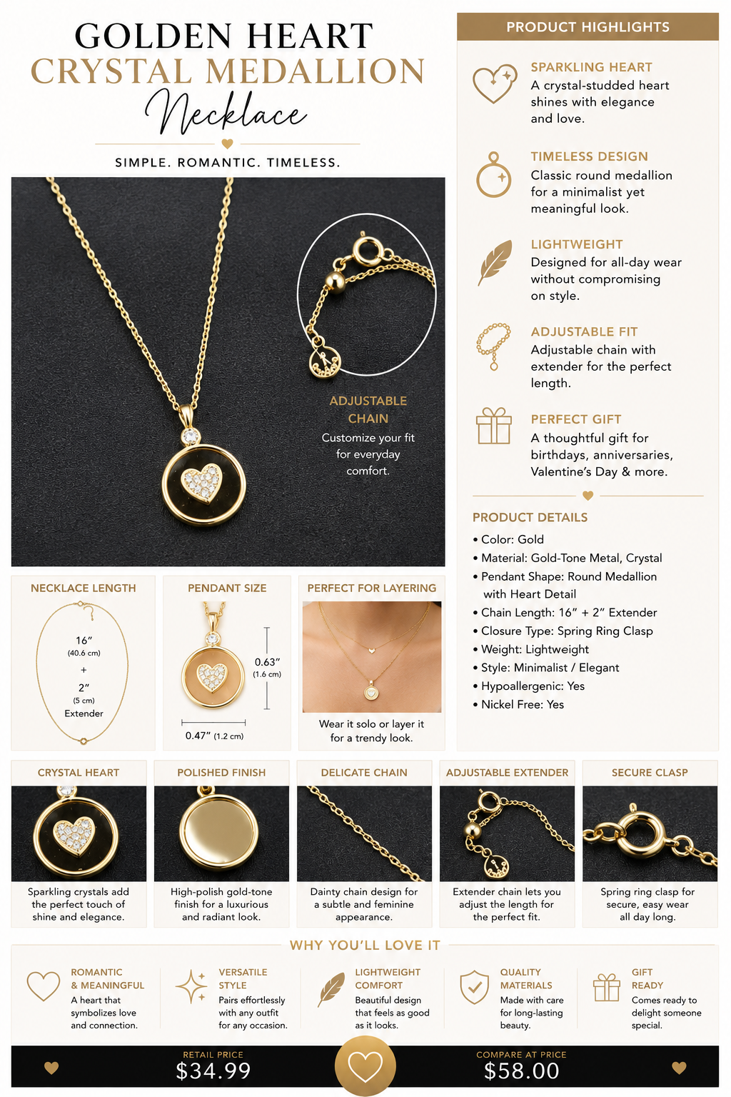Golden Heart Crystal Medallion Necklace