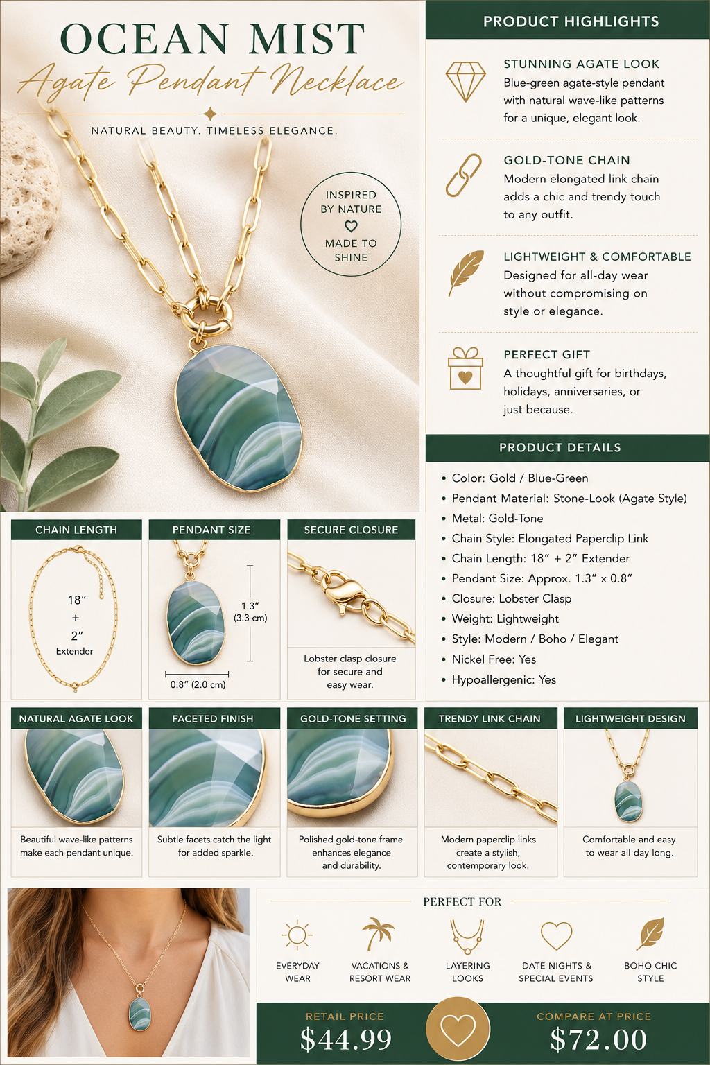 Ocean Mist Agate Pendant Necklace – Gold Tone