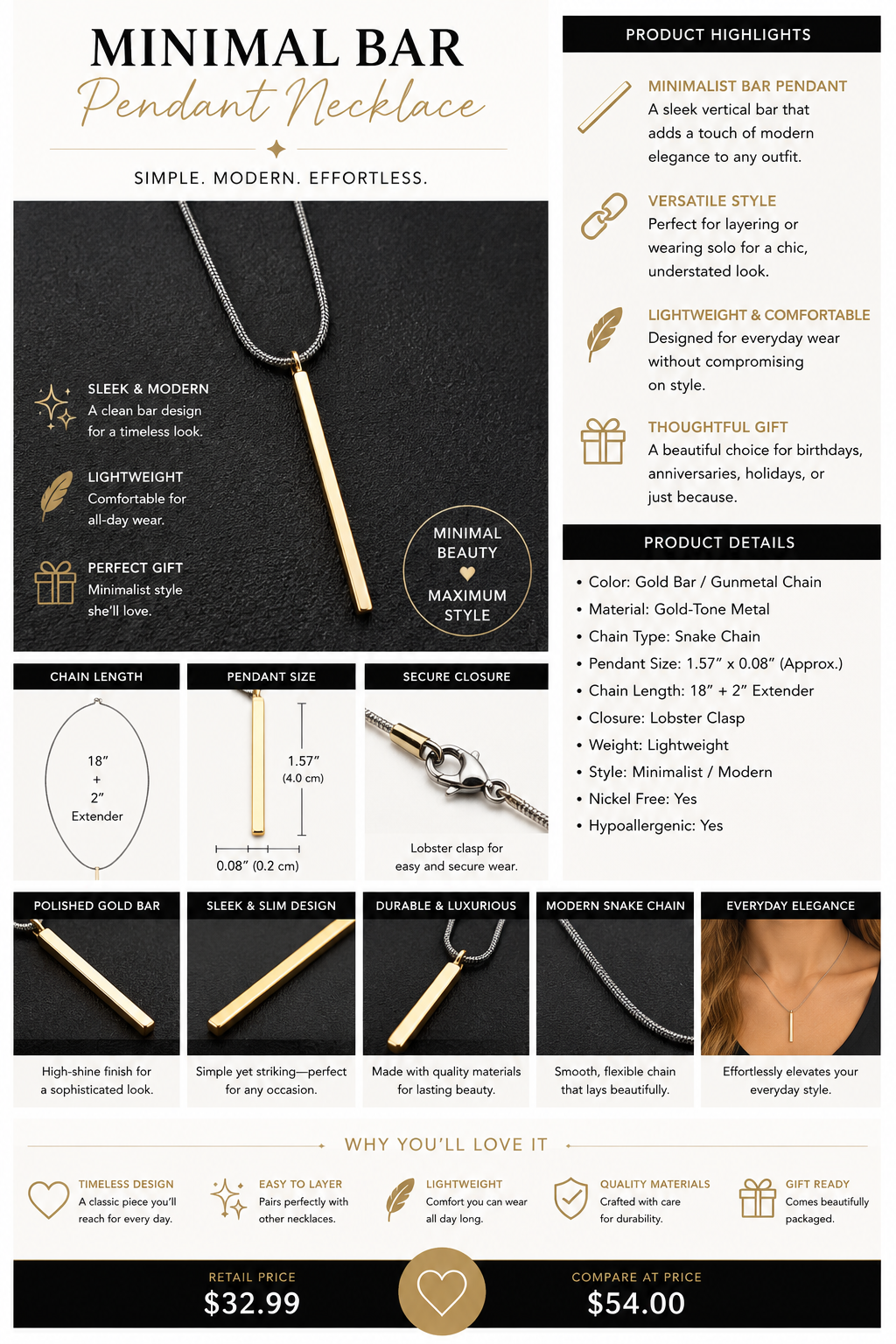 Minimal Bar Pendant Necklace