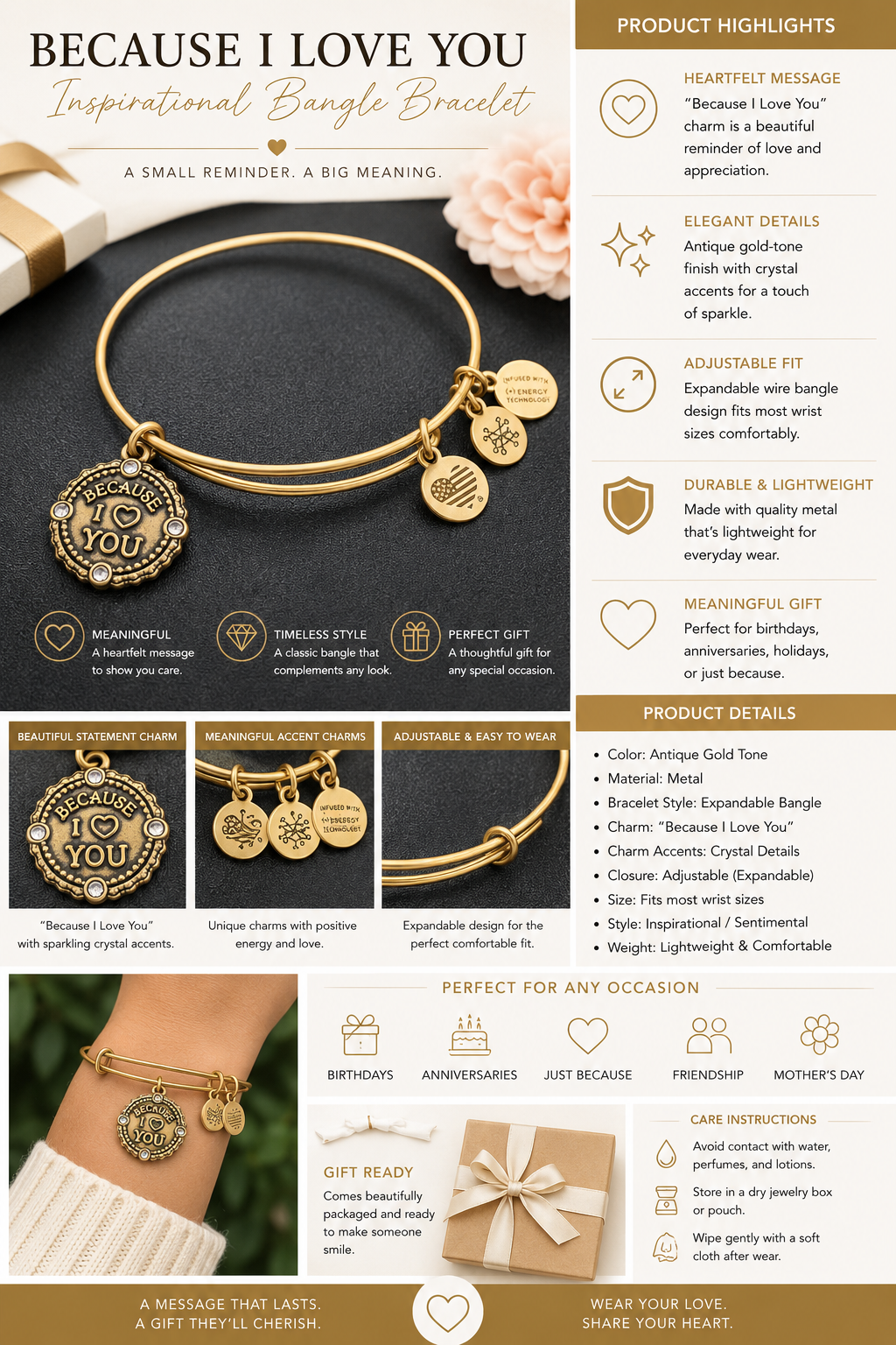 Because I Love You Inspirational Bangle Bracelet