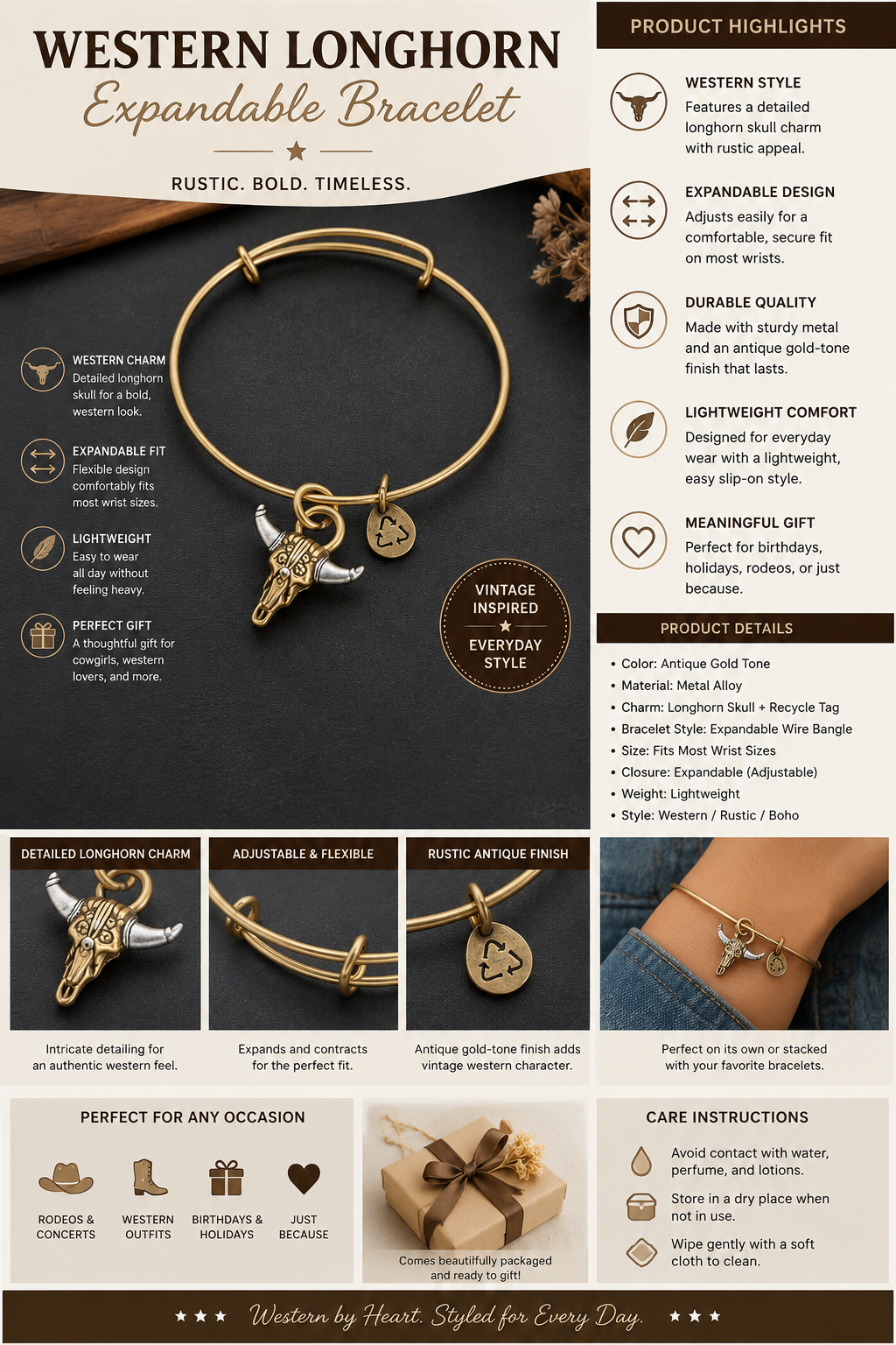 Western Longhorn Charm Expandable Bracelet – Antique Gold Tone