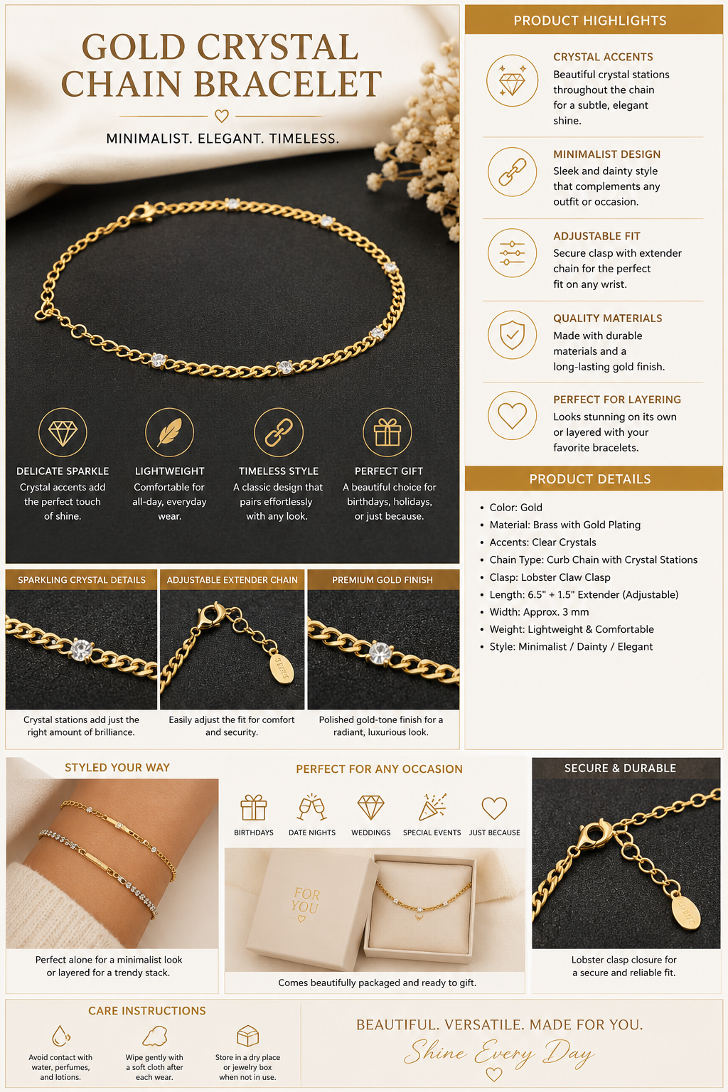 Gold Crystal Accent Chain Bracelet – Minimalist Luxe Style