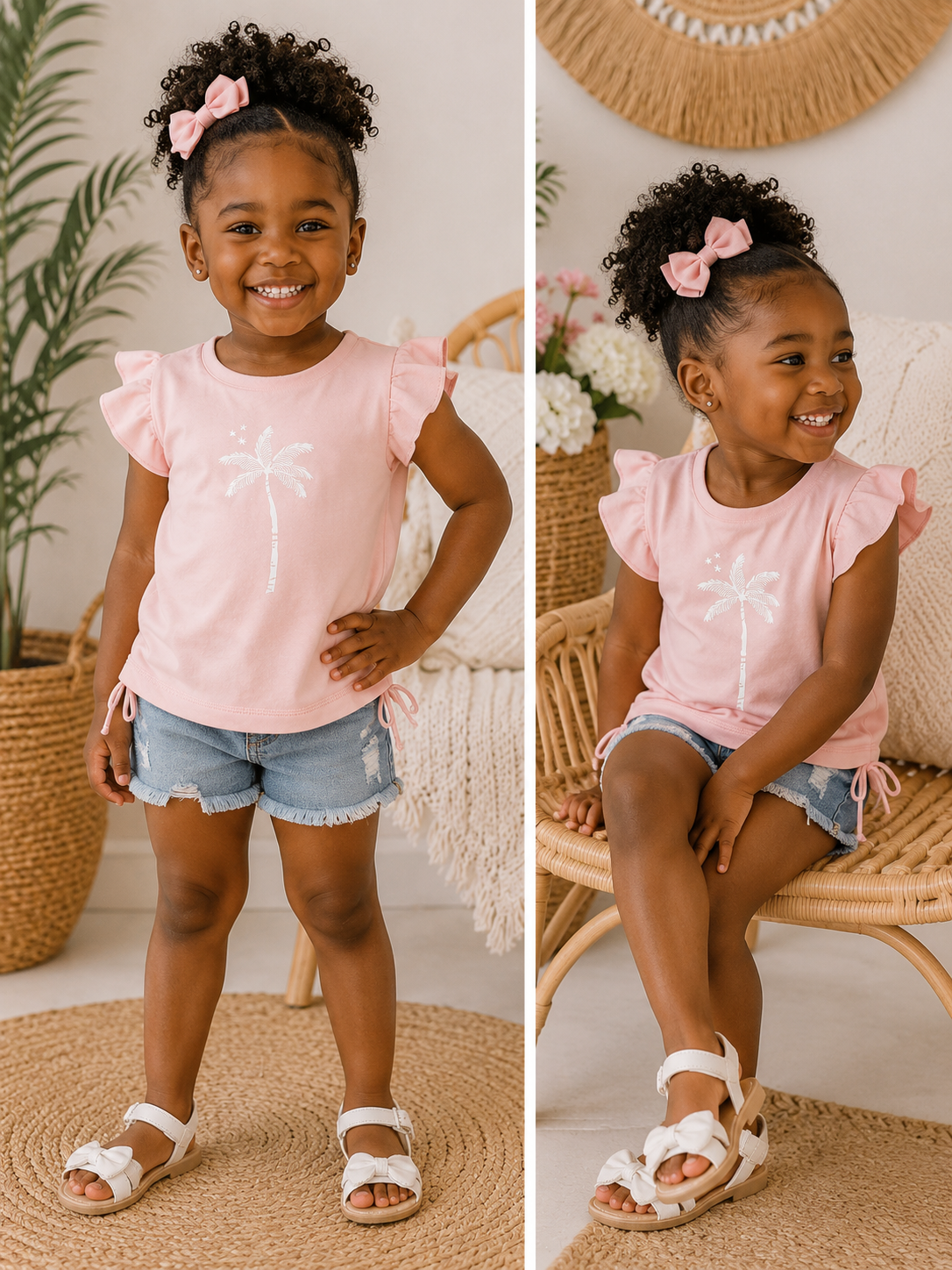 Blush Pink Palm Tree Flutter Sleeve Top for Toddler Girls