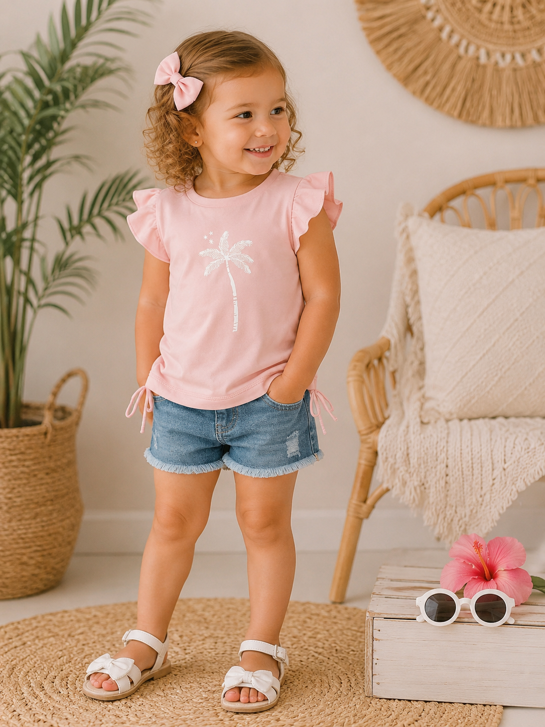 Blush Pink Palm Tree Flutter Sleeve Top for Toddler Girls
