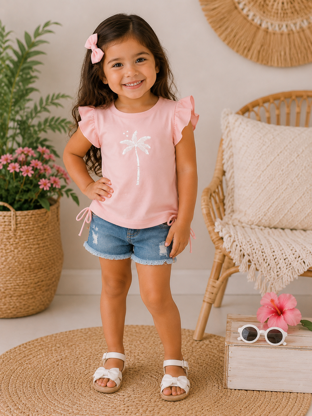 Blush Pink Palm Tree Flutter Sleeve Top for Toddler Girls