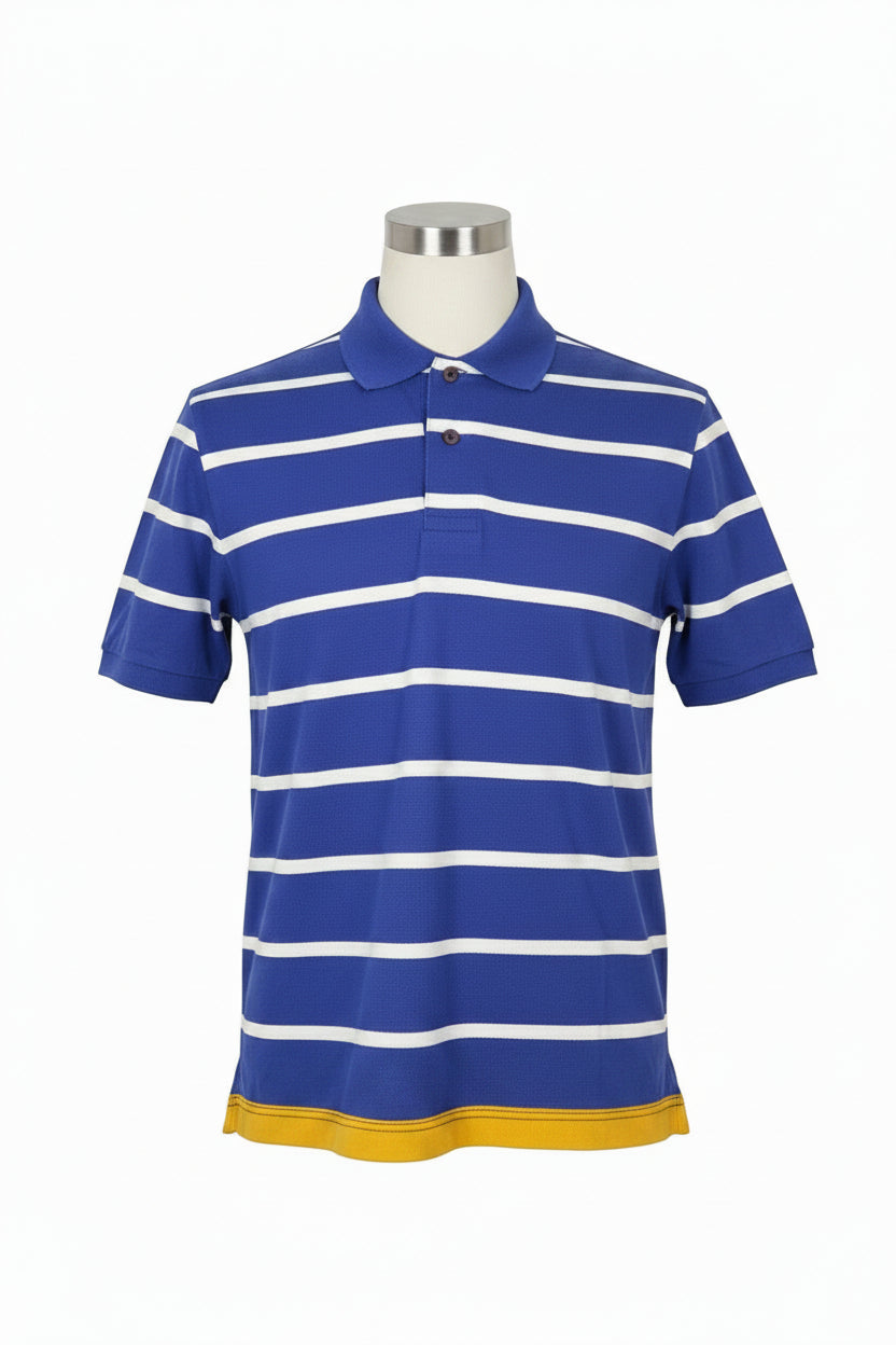 Men's Yellow Blue An White Stripe Polo Shirt (White Emblem)