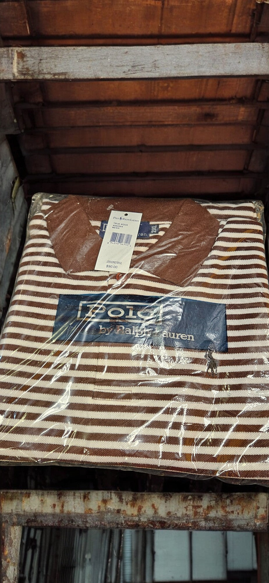 Men's Brown An White Stripe Polo Long Sleeve Shirt (Black Emblem)