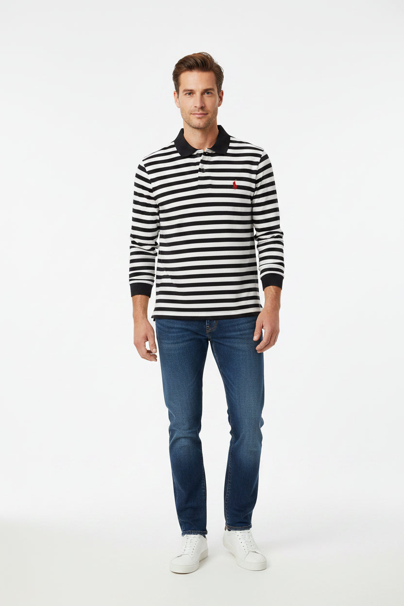 Men's Black An White Long Sleeve Polo Shirt