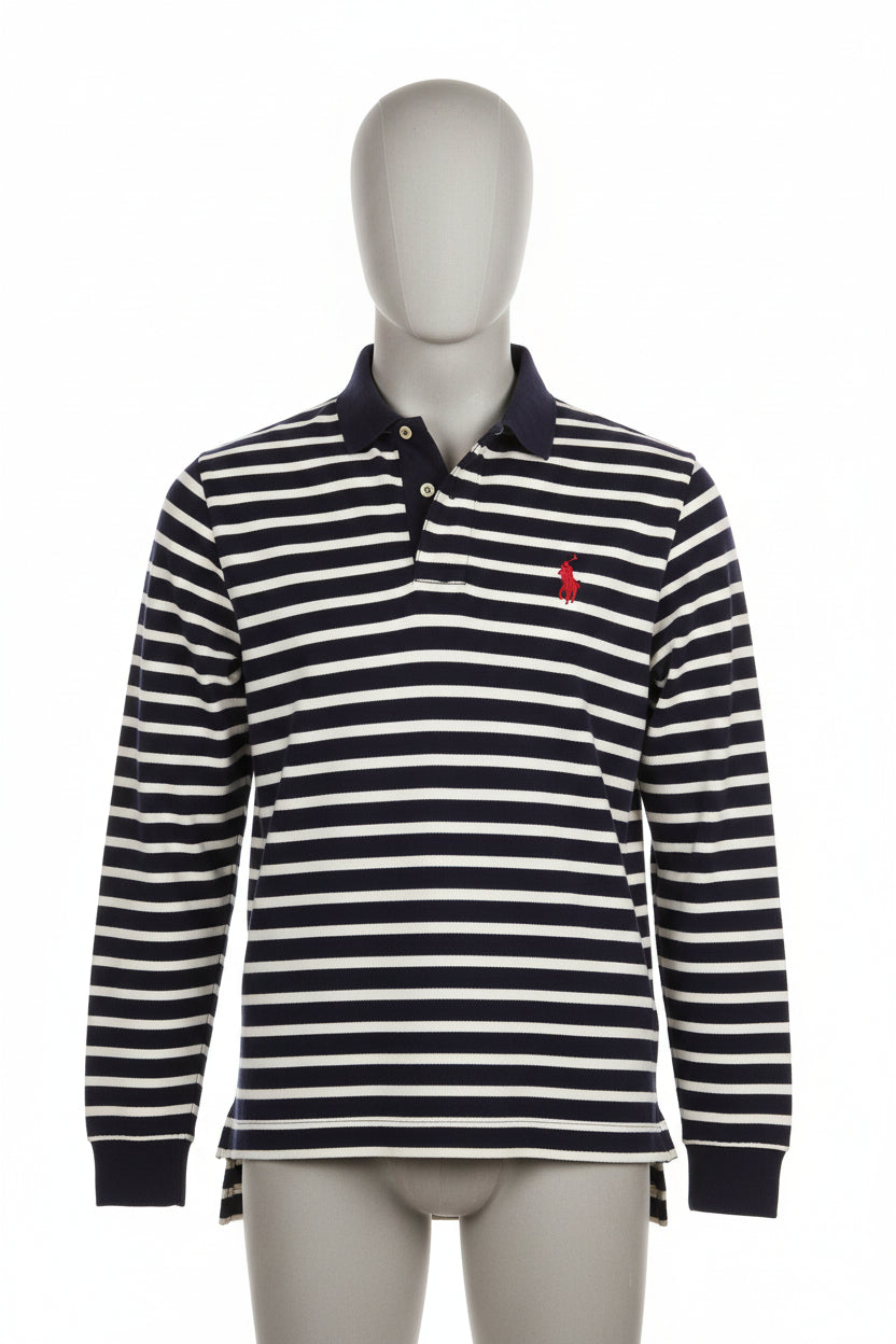 Men's White An Blue Stripe Long Sleeve Polo Shirt