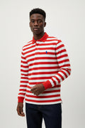 Men's Red An White Big Stripe Polo Long Sleeve Shirt