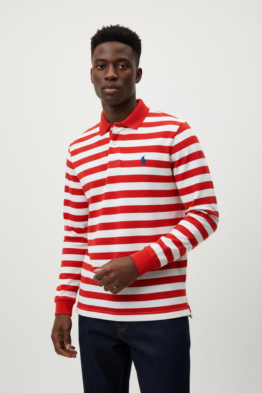 Men's Red An White Big Stripe Polo Long Sleeve Shirt