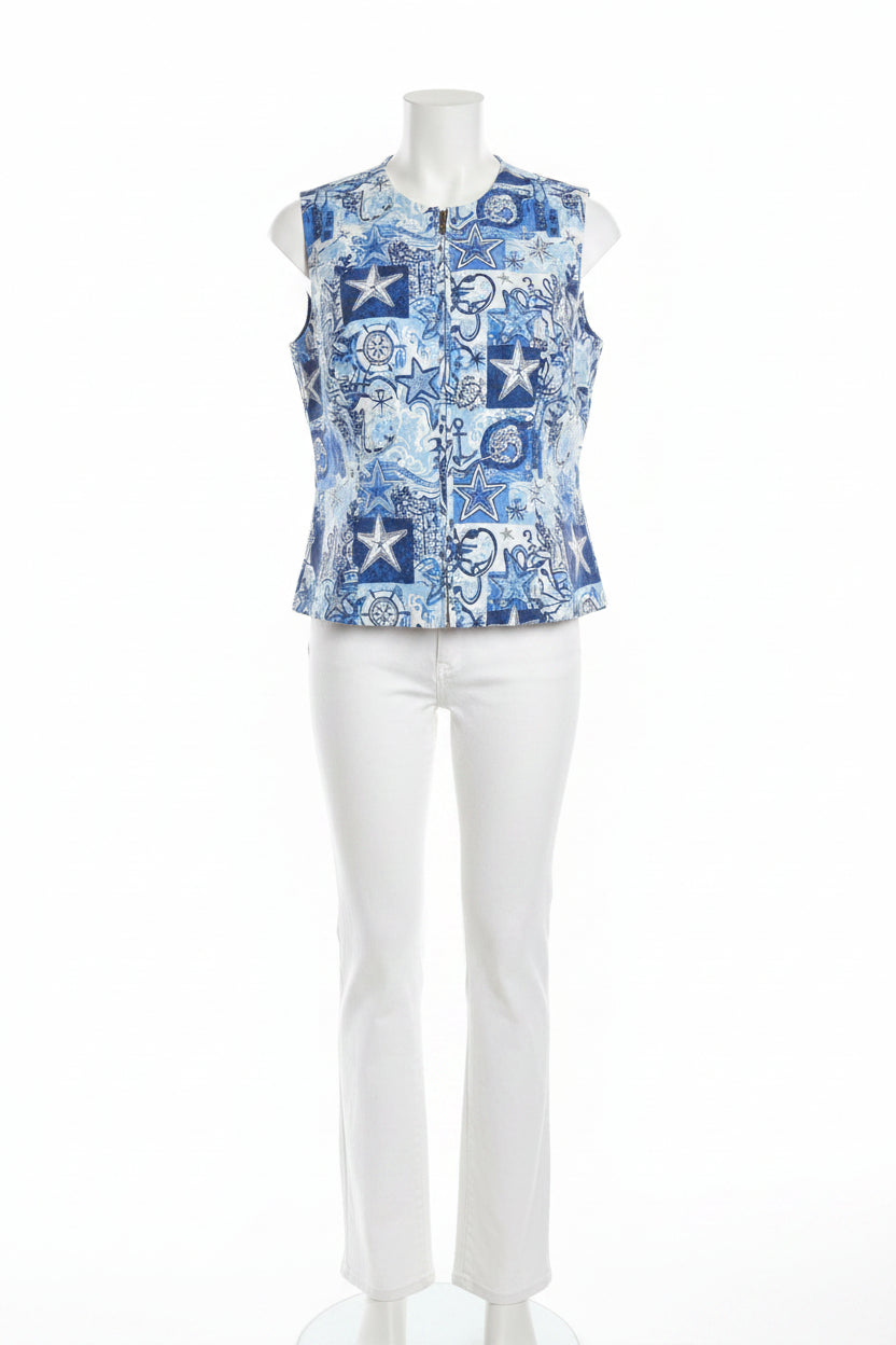 Ladies Sleeveless Jacket Blue An White