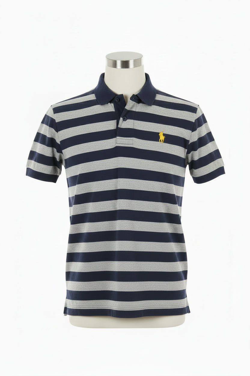 Men's Blue An Grey Stripes Polo Shirt (Yellow Emblem)