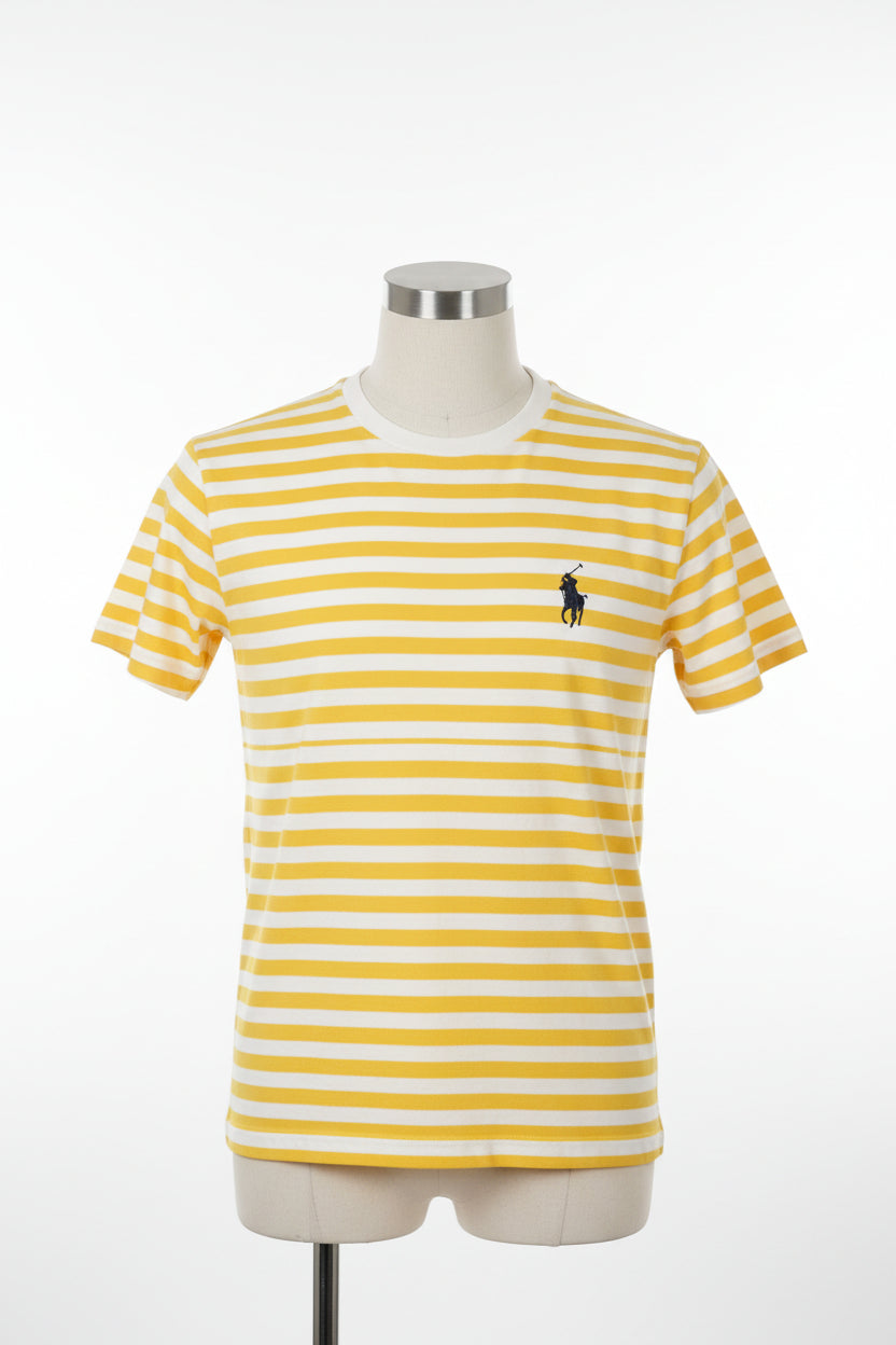 Men's Yellow An White Stripe Polo Shirt (Red Emblem)